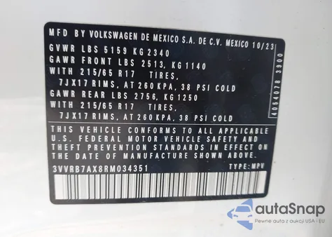 2024 Volkswagen Tiguan 2.0T S from USA, damaged, VIN 3VVRB7AX8RM034351